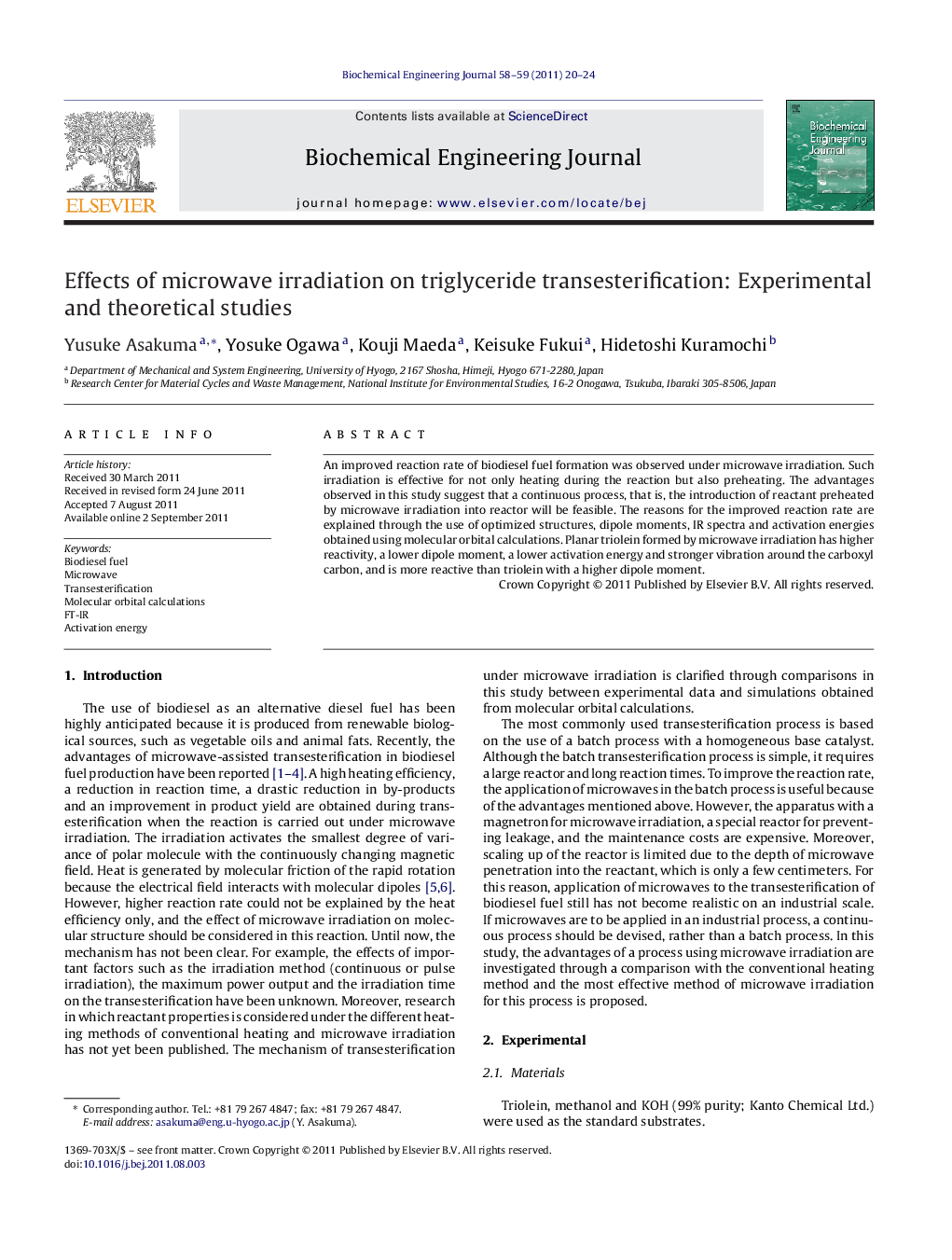 Effects of microwave irradiation on triglyceride transesterification: Experimental and theoretical studies