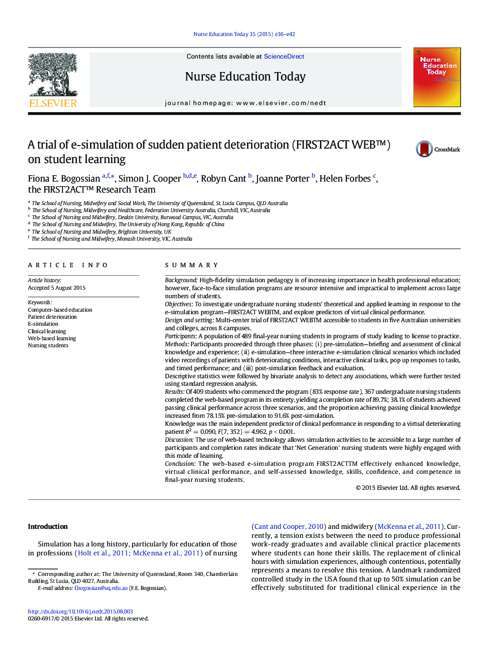 A trial of e-simulation of sudden patient deterioration (FIRST2ACT WEB™) on student learning