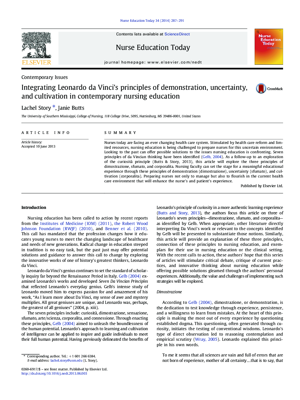 Integrating Leonardo da Vinci's principles of demonstration, uncertainty, and cultivation in contemporary nursing education