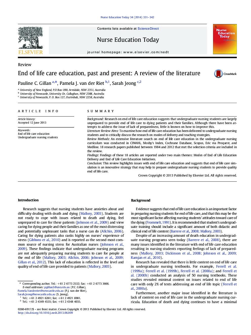 End of life care education, past and present: A review of the literature