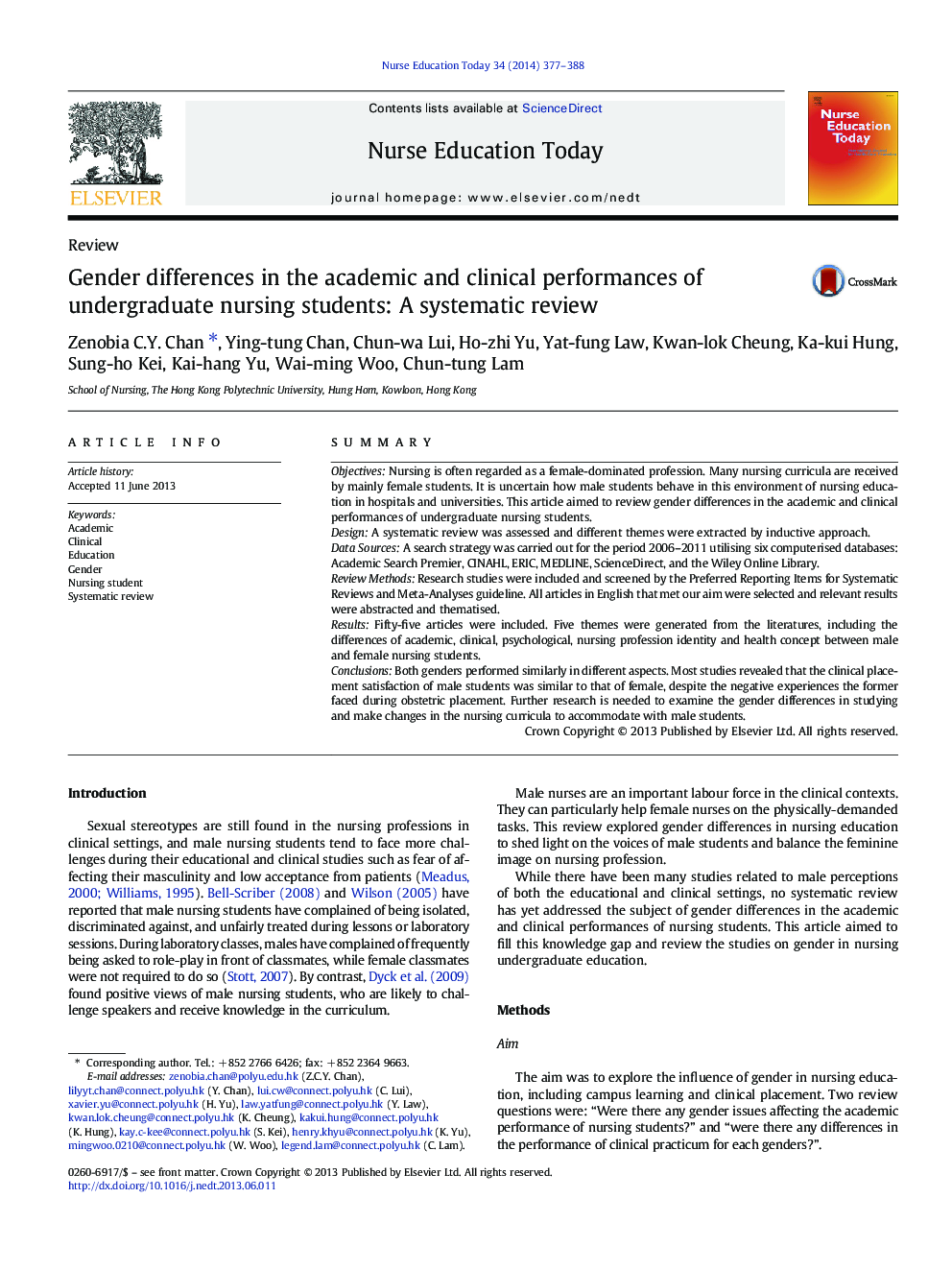 Gender differences in the academic and clinical performances of undergraduate nursing students: A systematic review