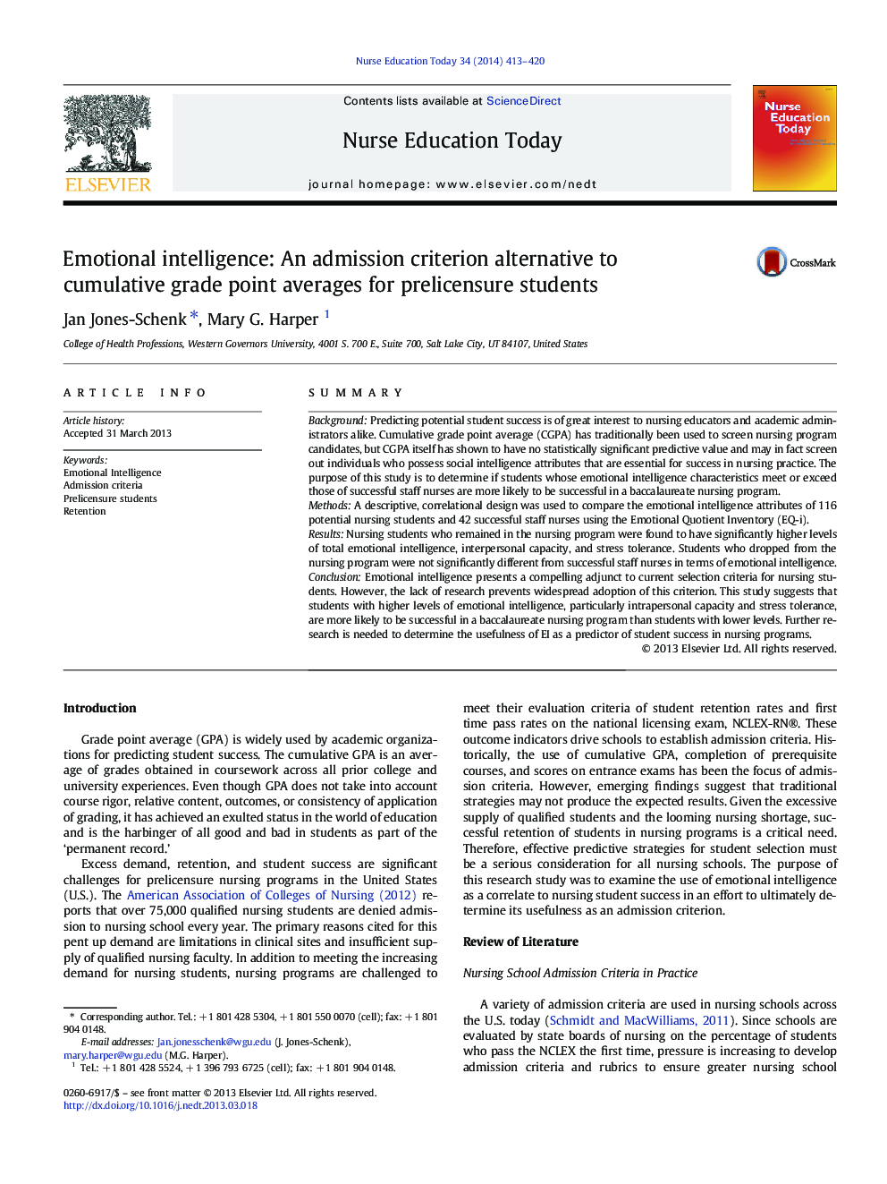 Emotional intelligence: An admission criterion alternative to cumulative grade point averages for prelicensure students