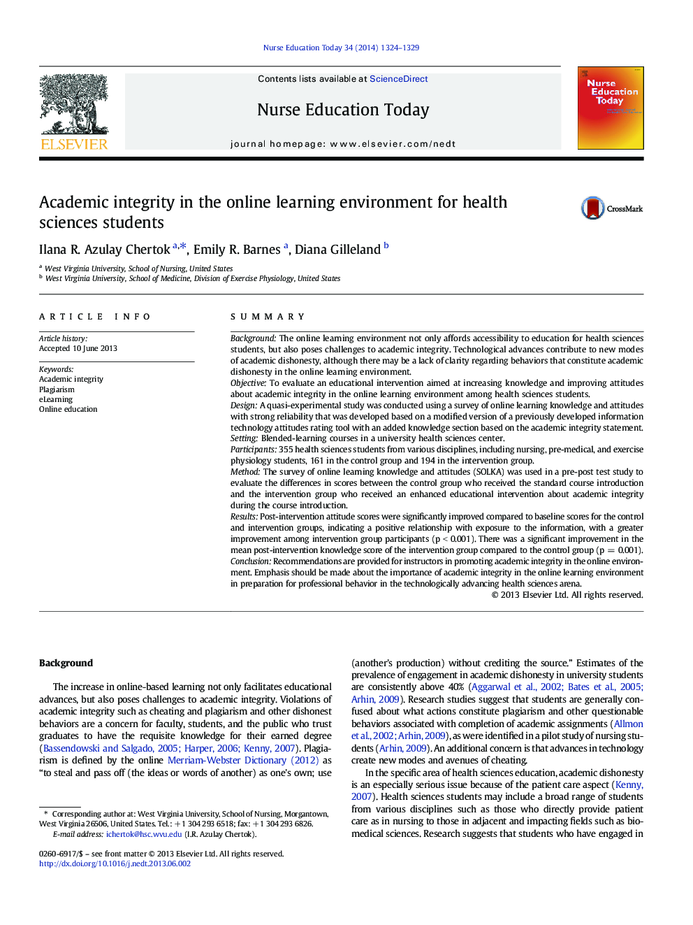 Academic integrity in the online learning environment for health sciences students