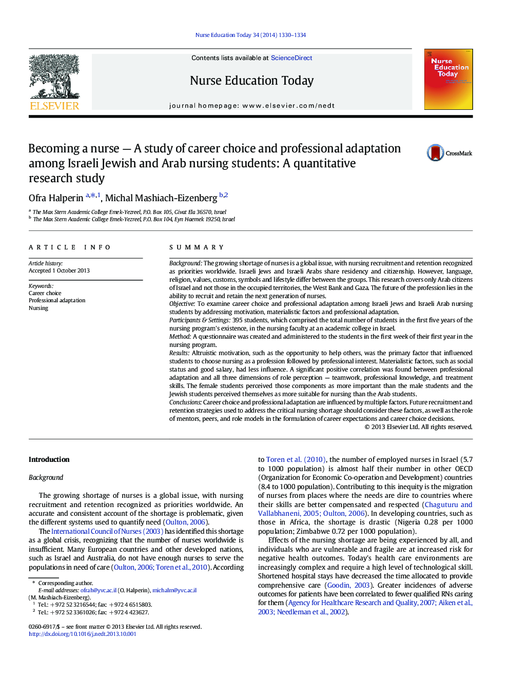 Becoming a nurse — A study of career choice and professional adaptation among Israeli Jewish and Arab nursing students: A quantitative research study