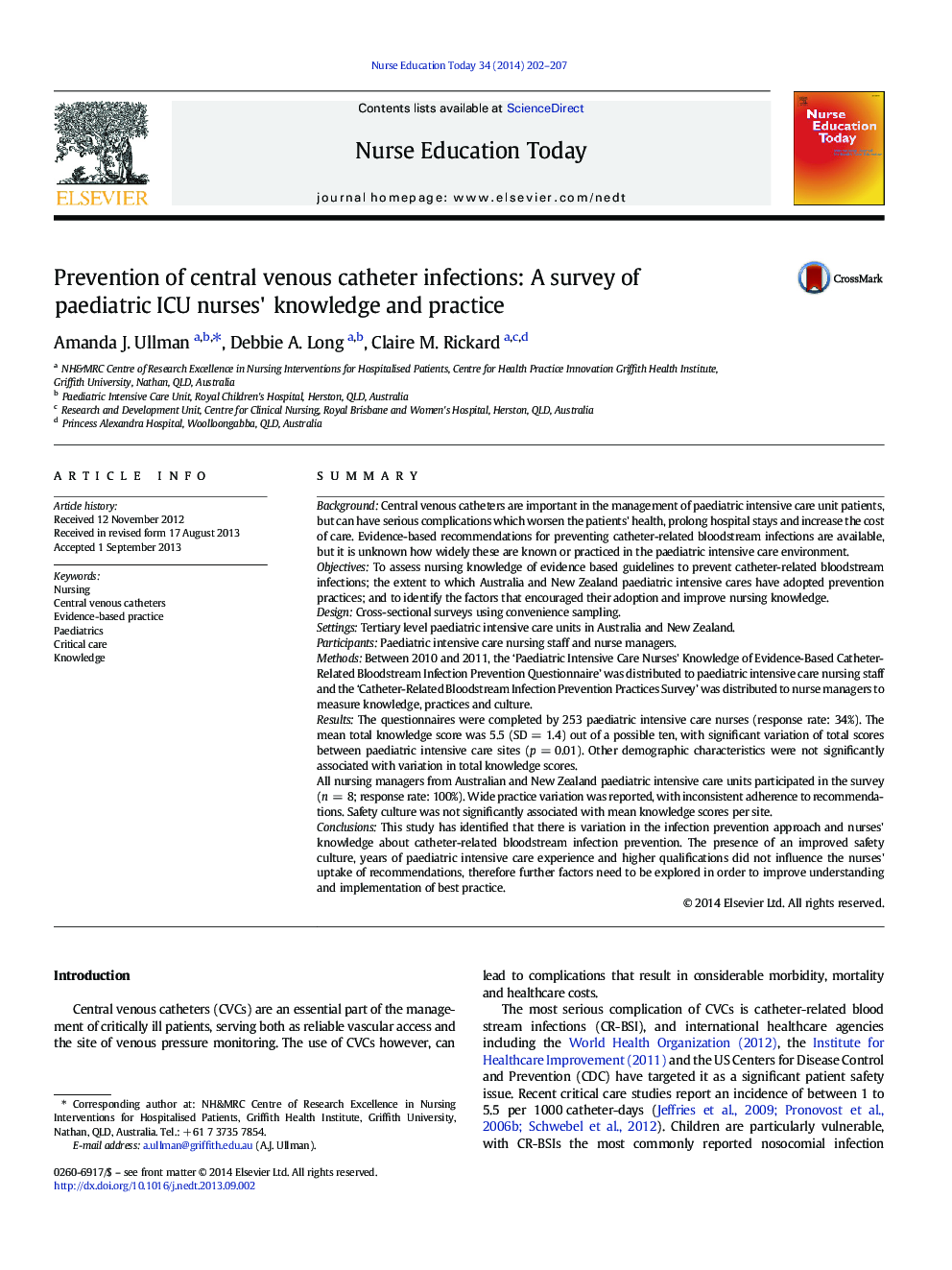 Prevention of central venous catheter infections: A survey of paediatric ICU nurses' knowledge and practice