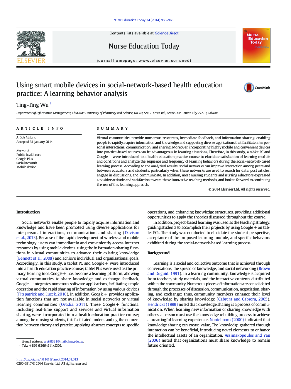 استفاده از دستگاه های هوشمند تلفن همراه در آموزش مبتنی بر آموزش بهداشت مبتنی بر شبکه: یک تحلیل رفتار یادگیری 