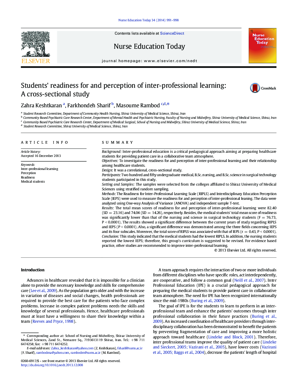 Students' readiness for and perception of inter-professional learning: A cross-sectional study