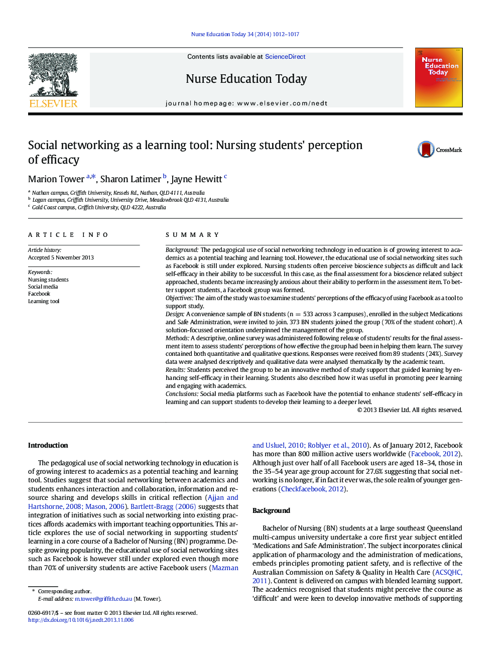 Social networking as a learning tool: Nursing students' perception of efficacy