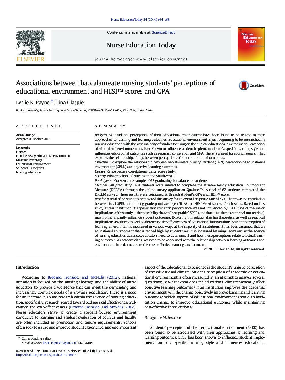 Associations between baccalaureate nursing students' perceptions of educational environment and HESI™ scores and GPA