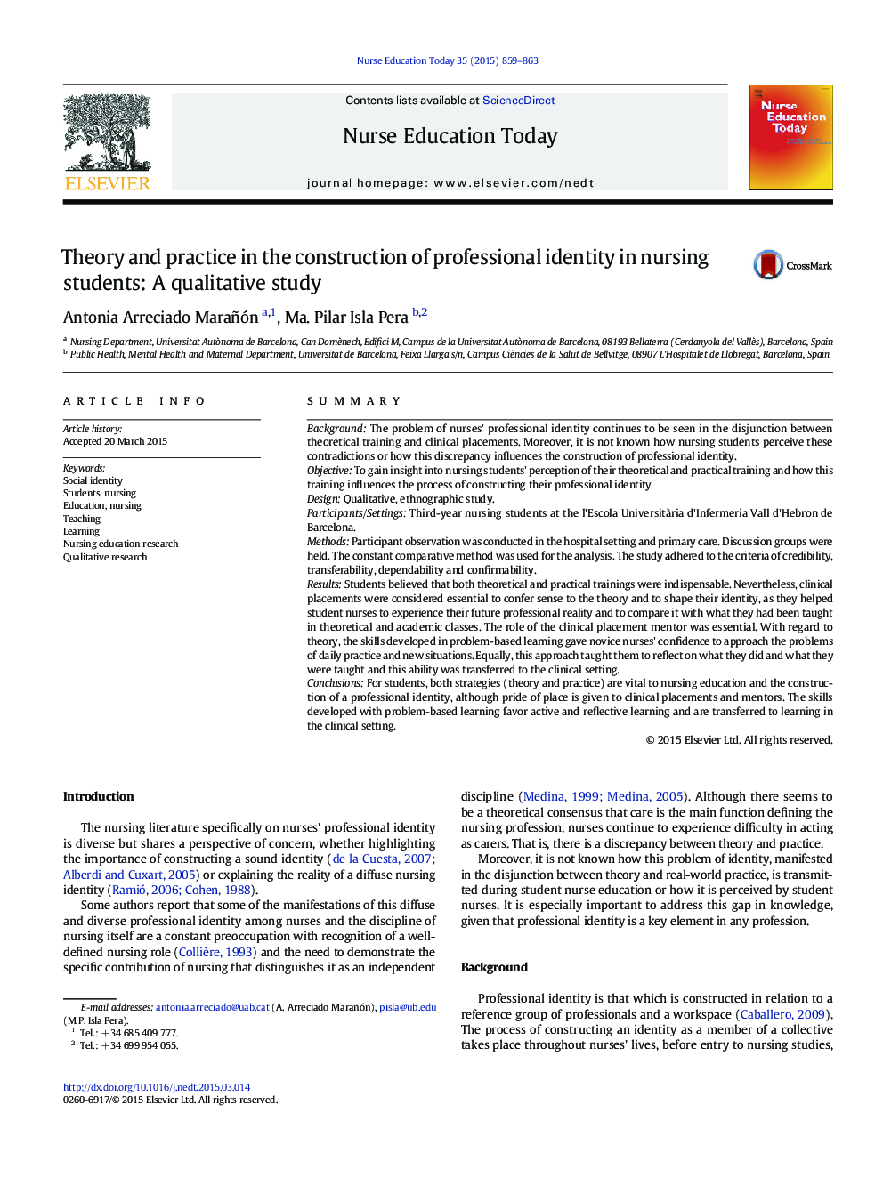 Theory and practice in the construction of professional identity in nursing students: A qualitative study