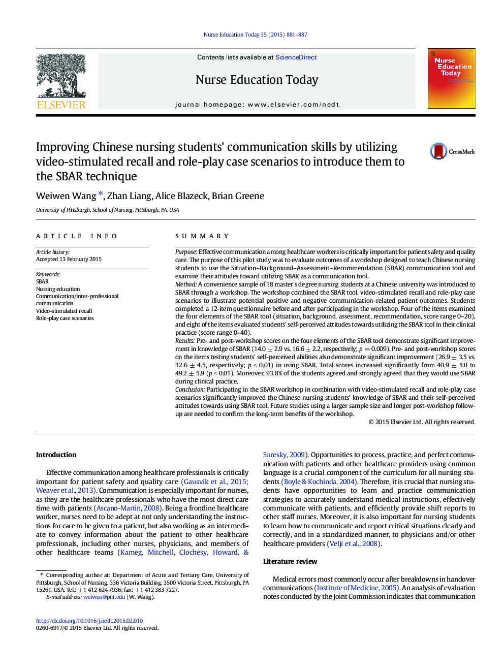 Improving Chinese nursing students' communication skills by utilizing video-stimulated recall and role-play case scenarios to introduce them to the SBAR technique