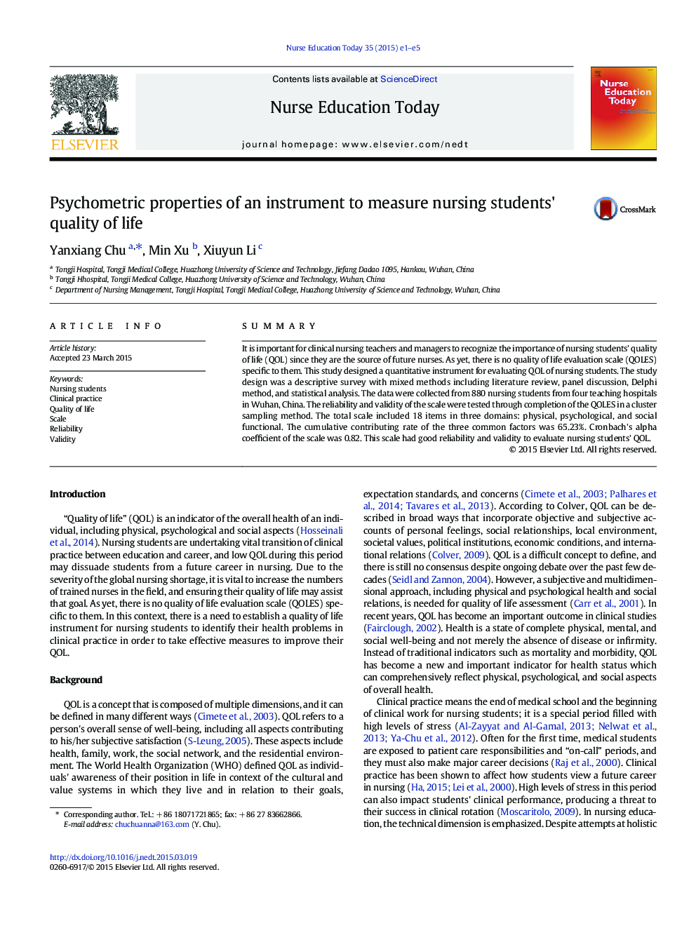 Psychometric properties of an instrument to measure nursing students' quality of life