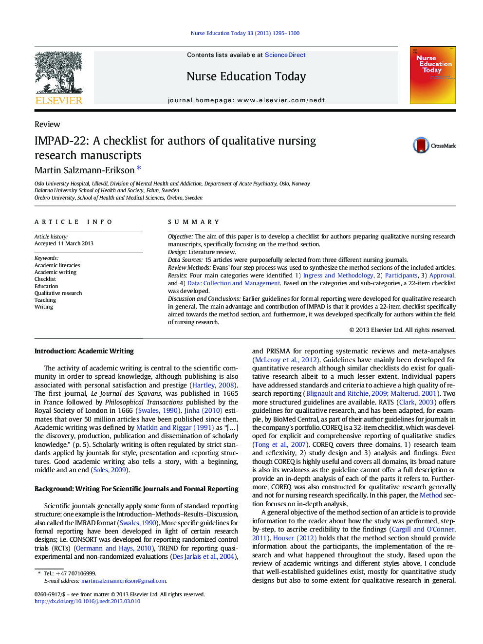 IMPAD-22: A checklist for authors of qualitative nursing research manuscripts