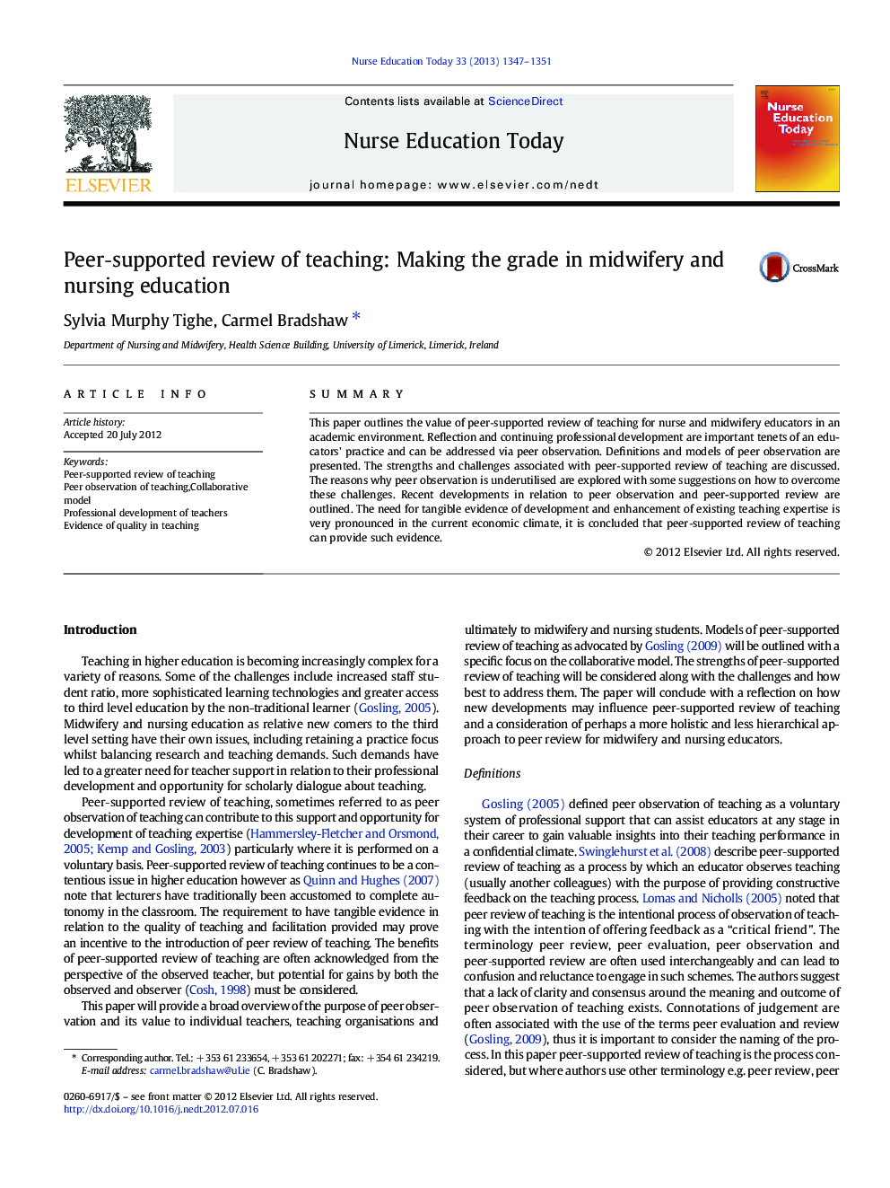 Peer‐supported review of teaching: Making the grade in midwifery and nursing education