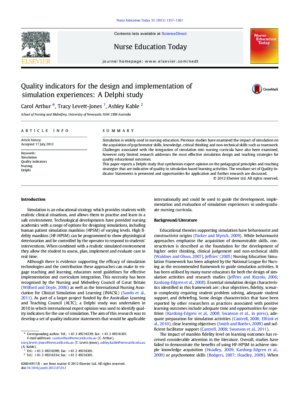 Quality indicators for the design and implementation of simulation experiences: A Delphi study