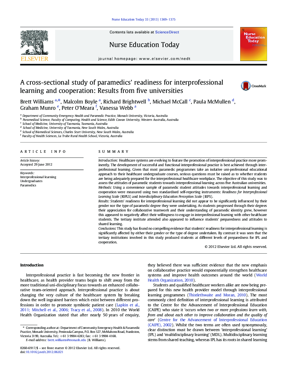 A cross-sectional study of paramedics' readiness for interprofessional learning and cooperation: Results from five universities