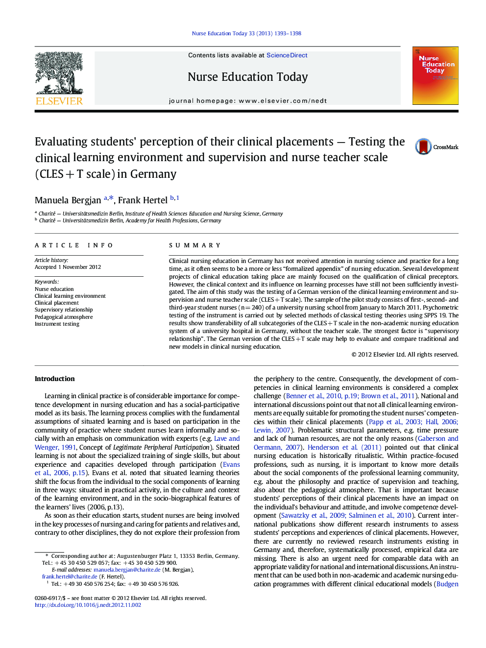 Evaluating students' perception of their clinical placements — Testing the clinical learning environment and supervision and nurse teacher scale (CLES + T scale) in Germany