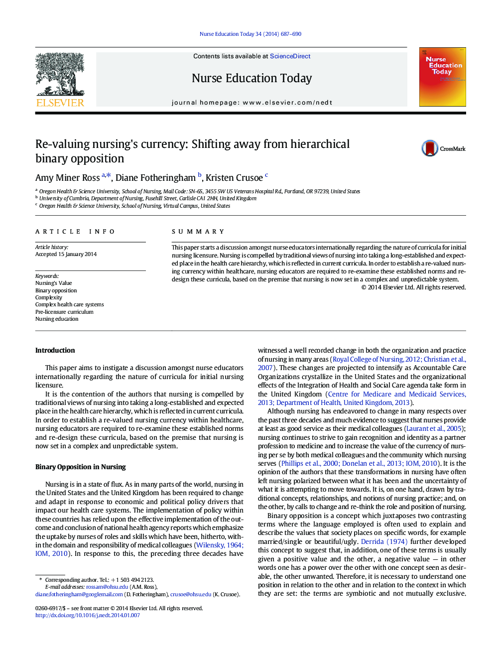 Re-valuing nursing's currency: Shifting away from hierarchical binary opposition