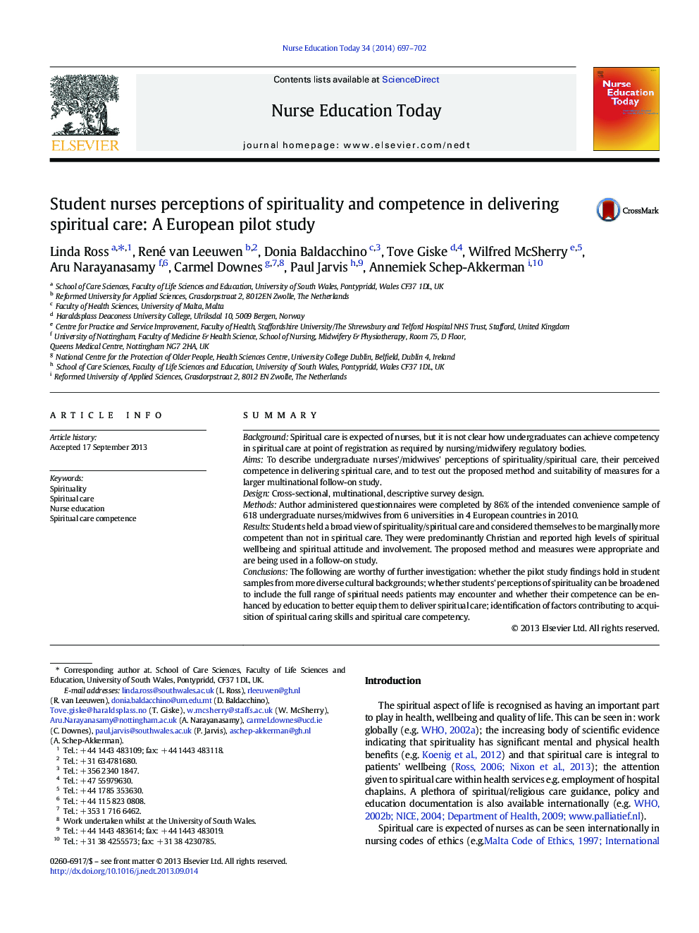 Student nurses perceptions of spirituality and competence in delivering spiritual care: A European pilot study