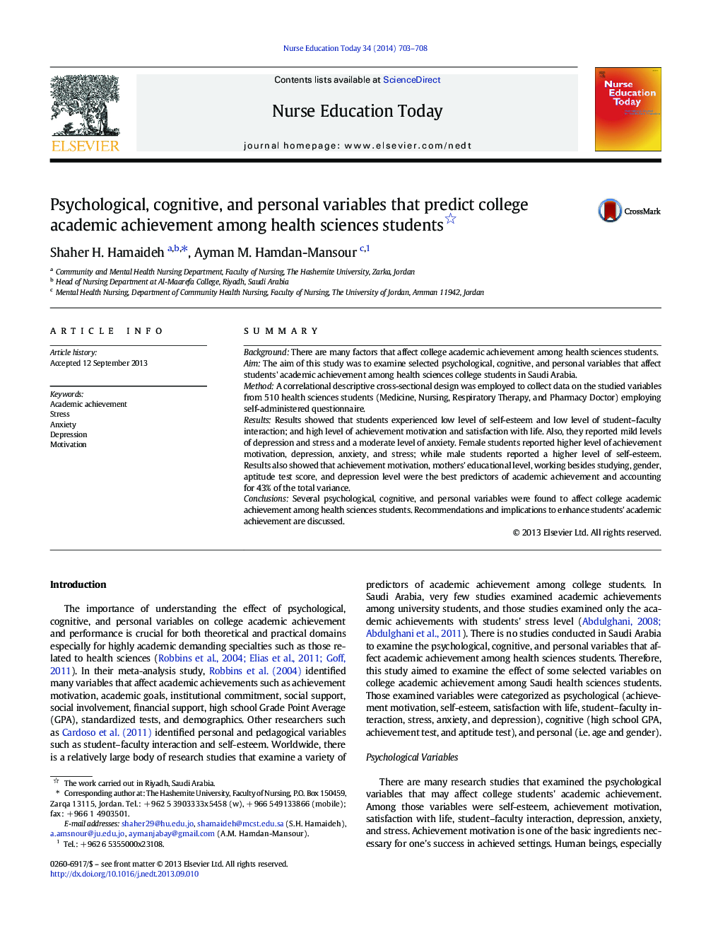 Psychological, cognitive, and personal variables that predict college academic achievement among health sciences students 