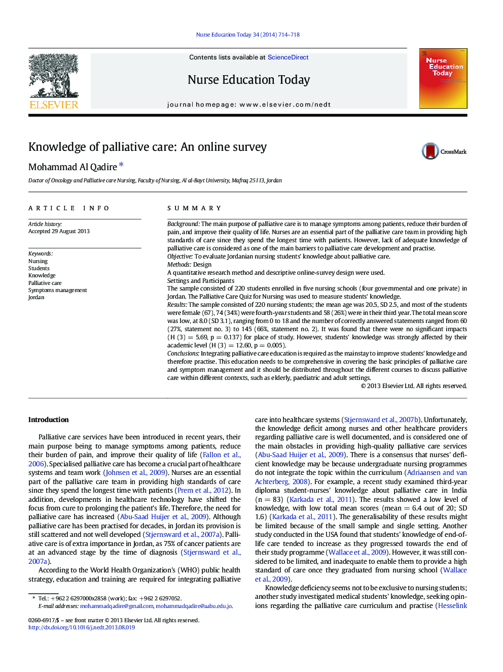 Knowledge of palliative care: An online survey