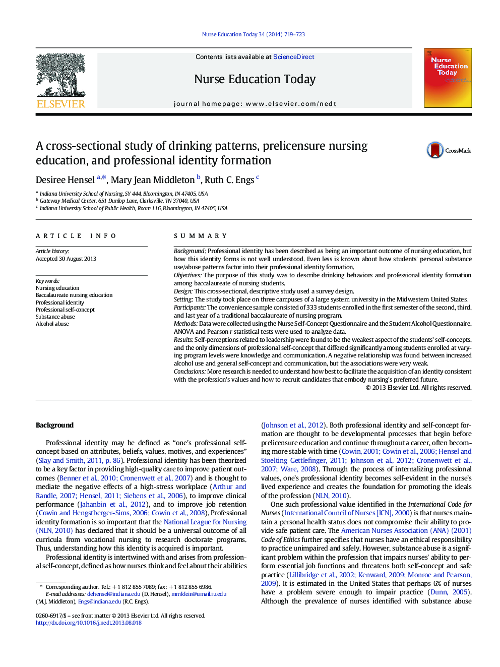 A cross-sectional study of drinking patterns, prelicensure nursing education, and professional identity formation