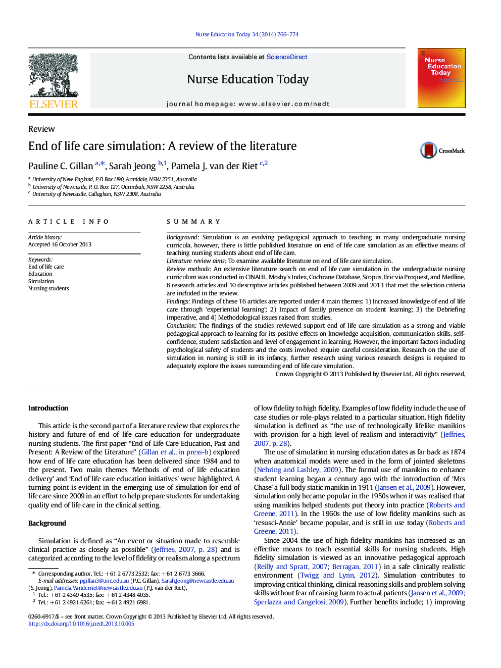 End of life care simulation: A review of the literature