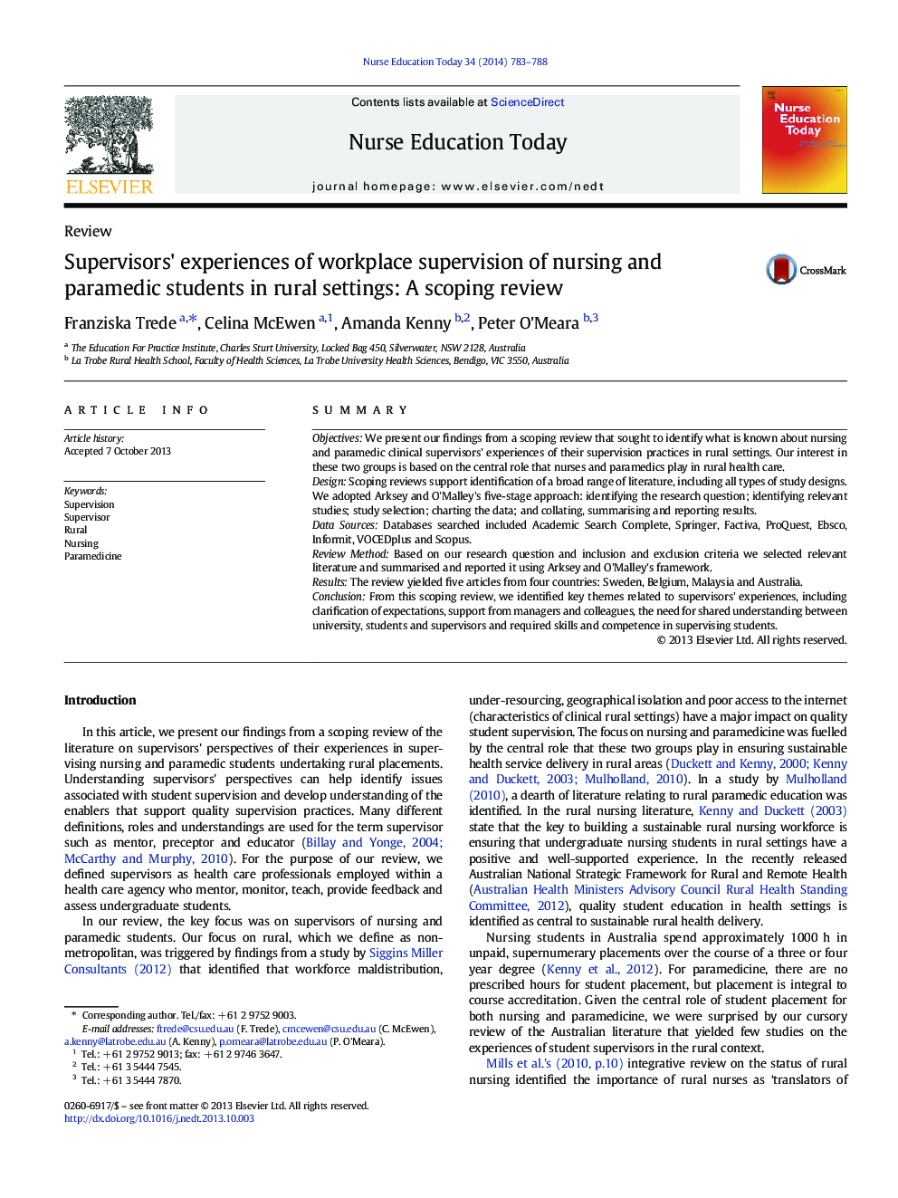 Supervisors' experiences of workplace supervision of nursing and paramedic students in rural settings: A scoping review