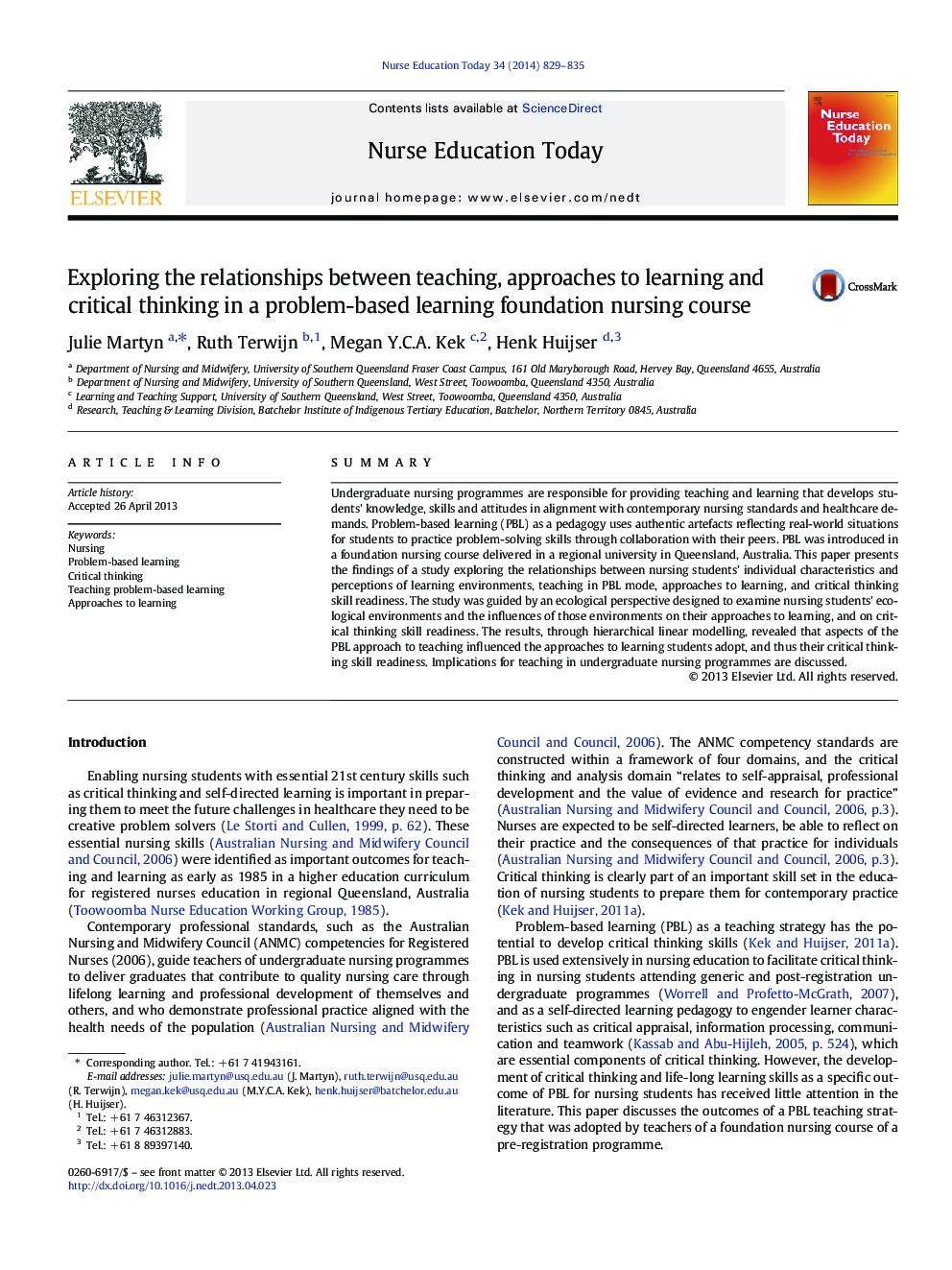 Exploring the relationships between teaching, approaches to learning and critical thinking in a problem-based learning foundation nursing course