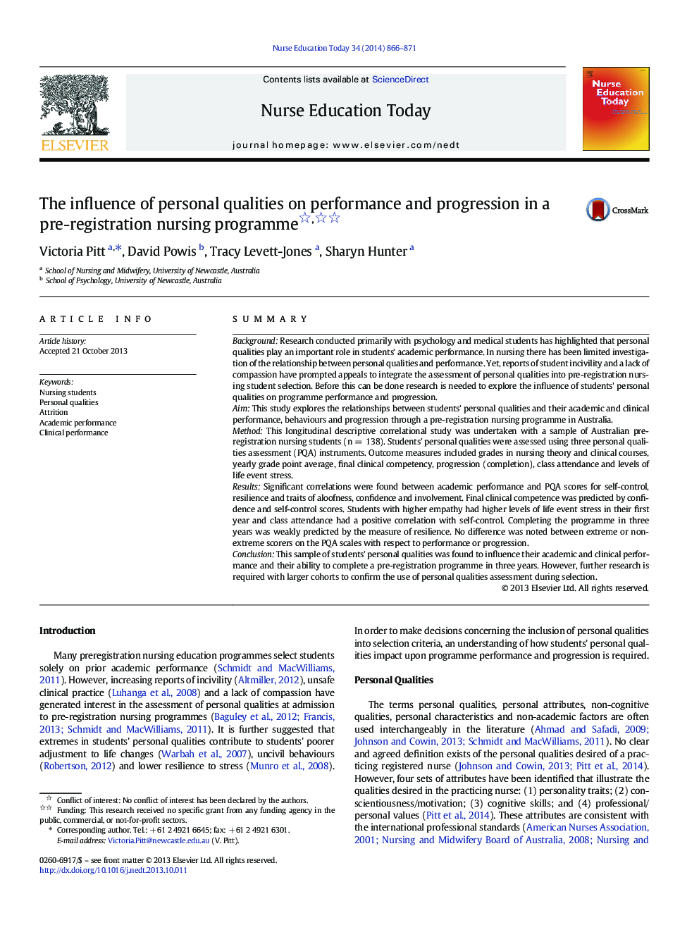 The influence of personal qualities on performance and progression in a pre-registration nursing programme 