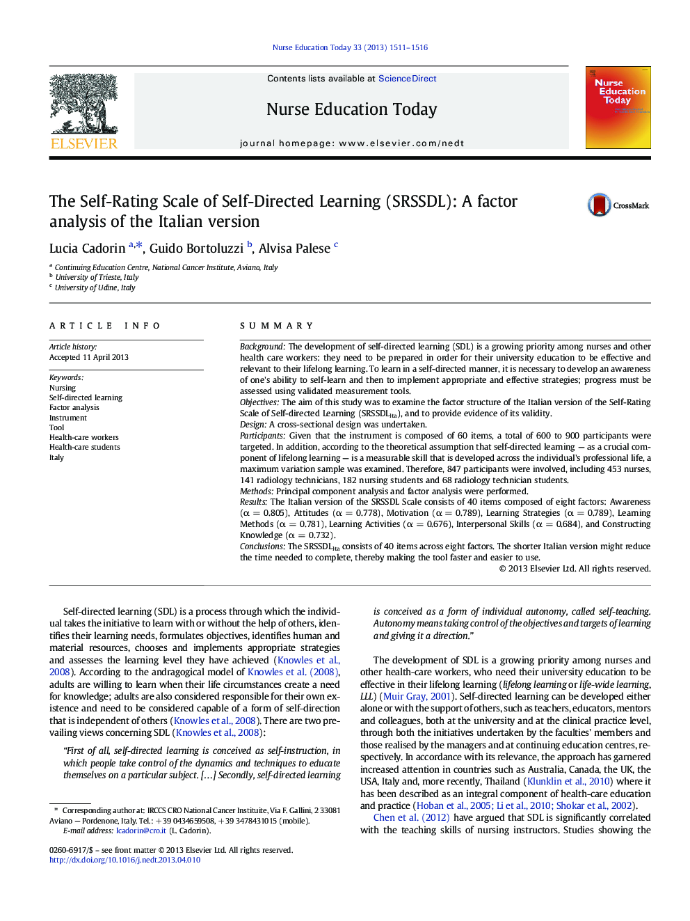 The Self-Rating Scale of Self-Directed Learning (SRSSDL): A factor analysis of the Italian version