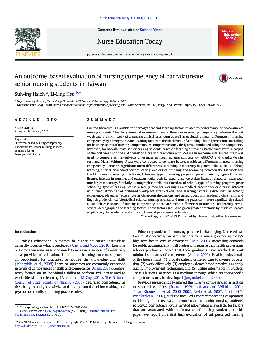 An outcome-based evaluation of nursing competency of baccalaureate senior nursing students in Taiwan