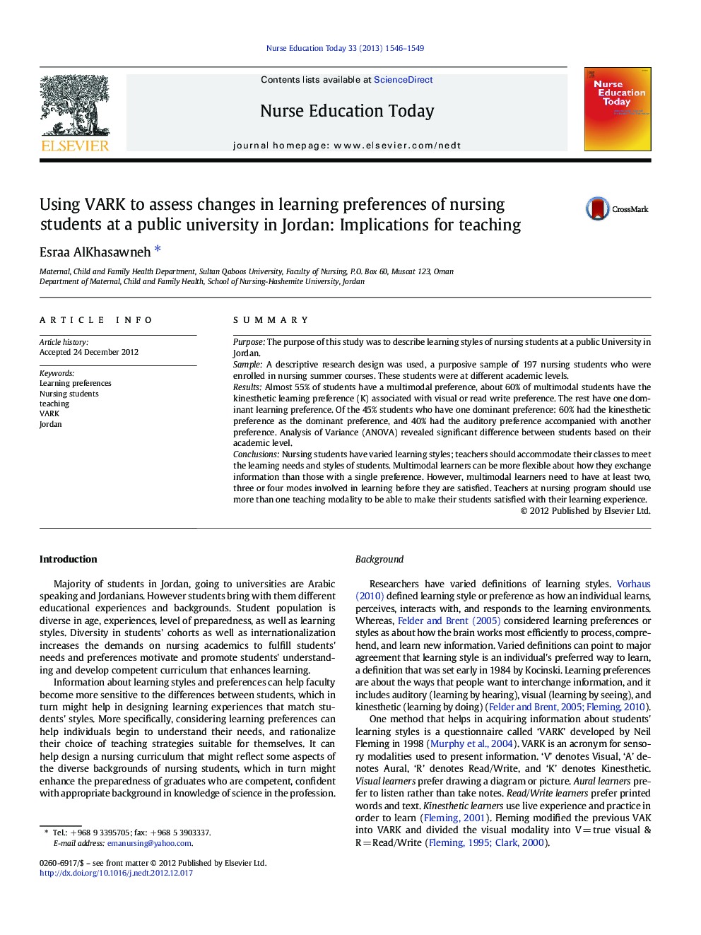 Using VARK to assess changes in learning preferences of nursing students at a public university in Jordan: Implications for teaching