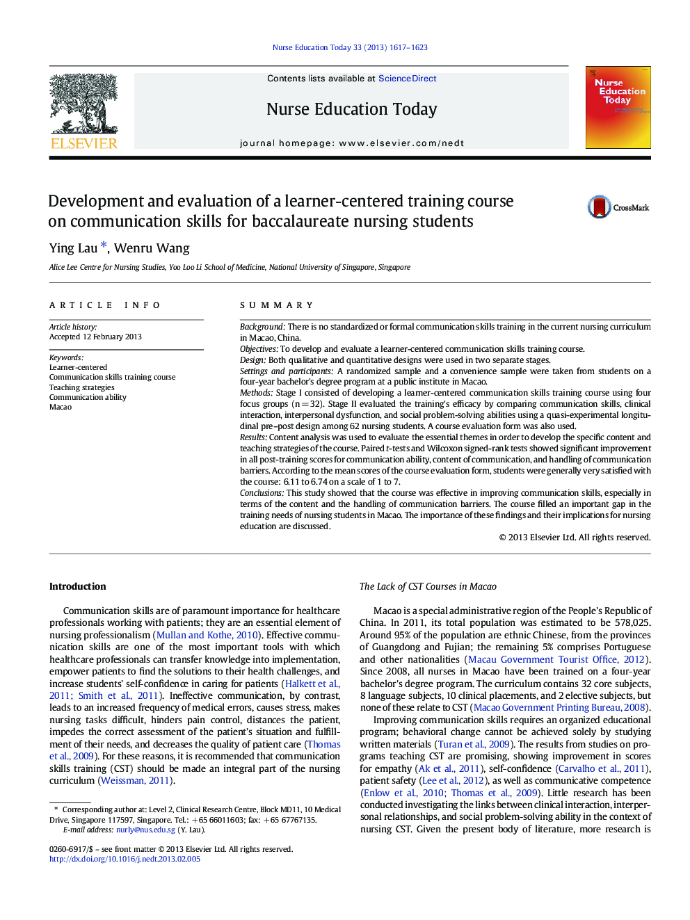 Development and evaluation of a learner-centered training course on communication skills for baccalaureate nursing students