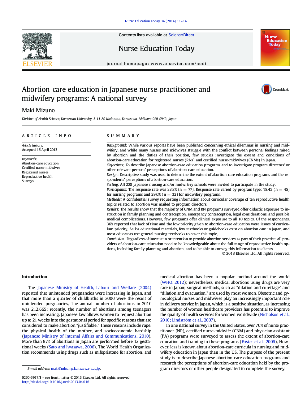 Abortion-care education in Japanese nurse practitioner and midwifery programs: A national survey