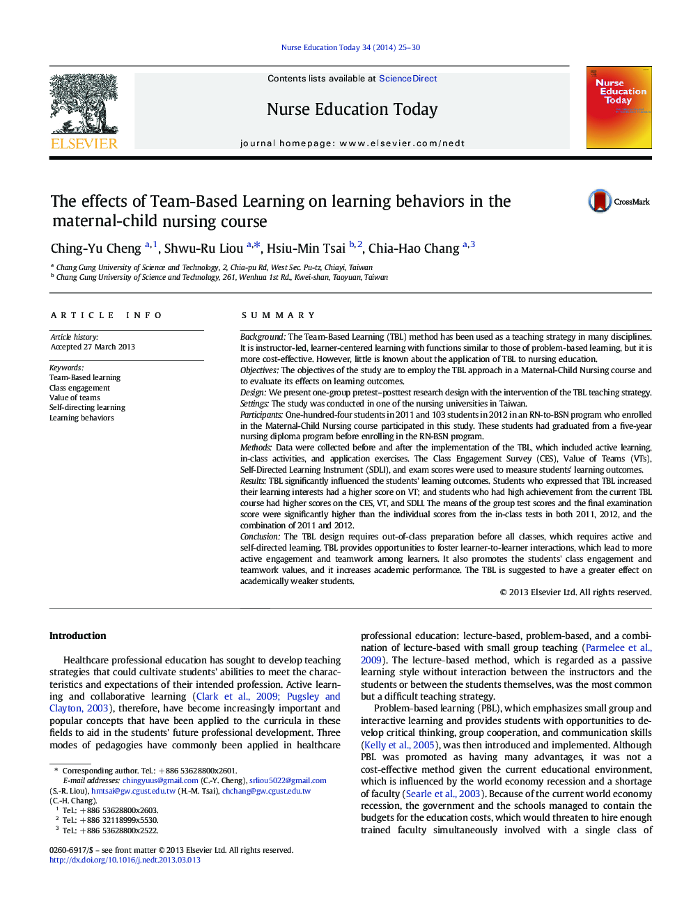 The effects of Team-Based Learning on learning behaviors in the maternal-child nursing course