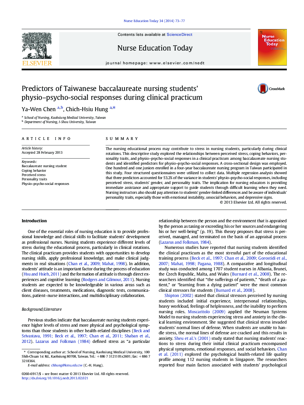 Predictors of Taiwanese baccalaureate nursing students' physio–psycho-social responses during clinical practicum