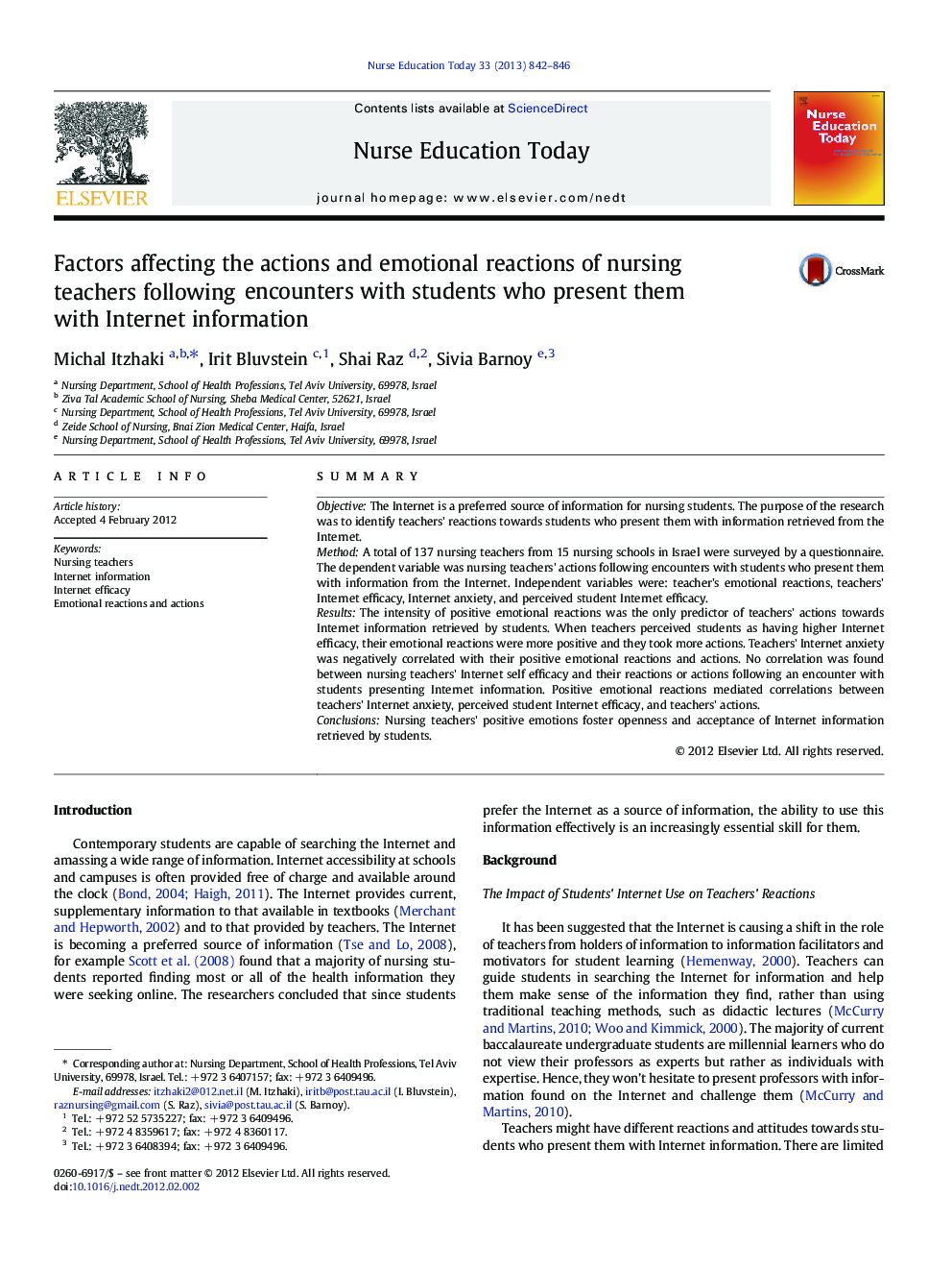 Factors affecting the actions and emotional reactions of nursing teachers following encounters with students who present them with Internet information