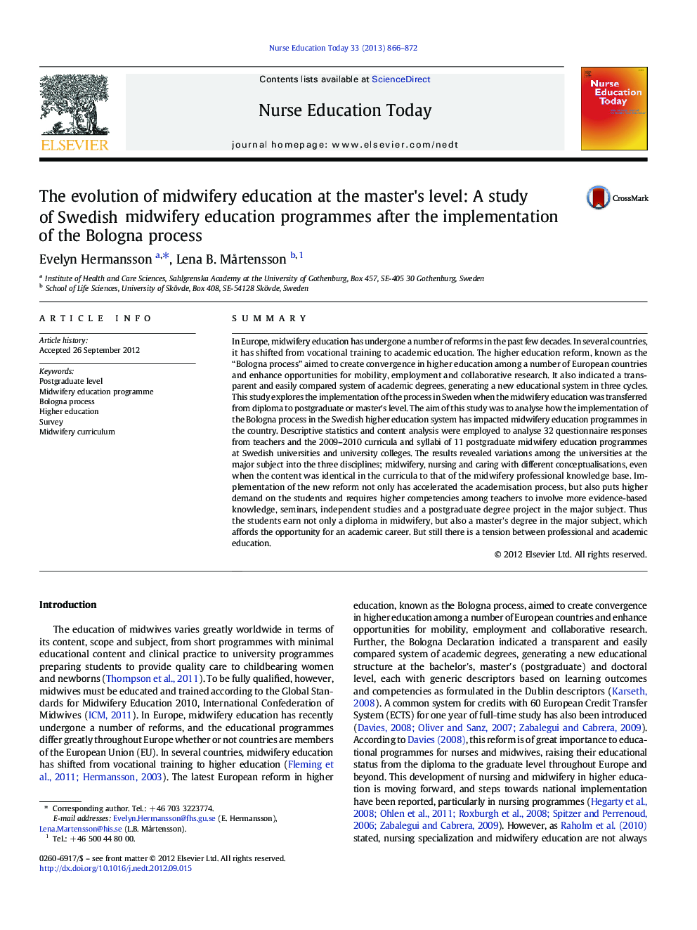 The evolution of midwifery education at the master's level: A study of Swedish midwifery education programmes after the implementation of the Bologna process