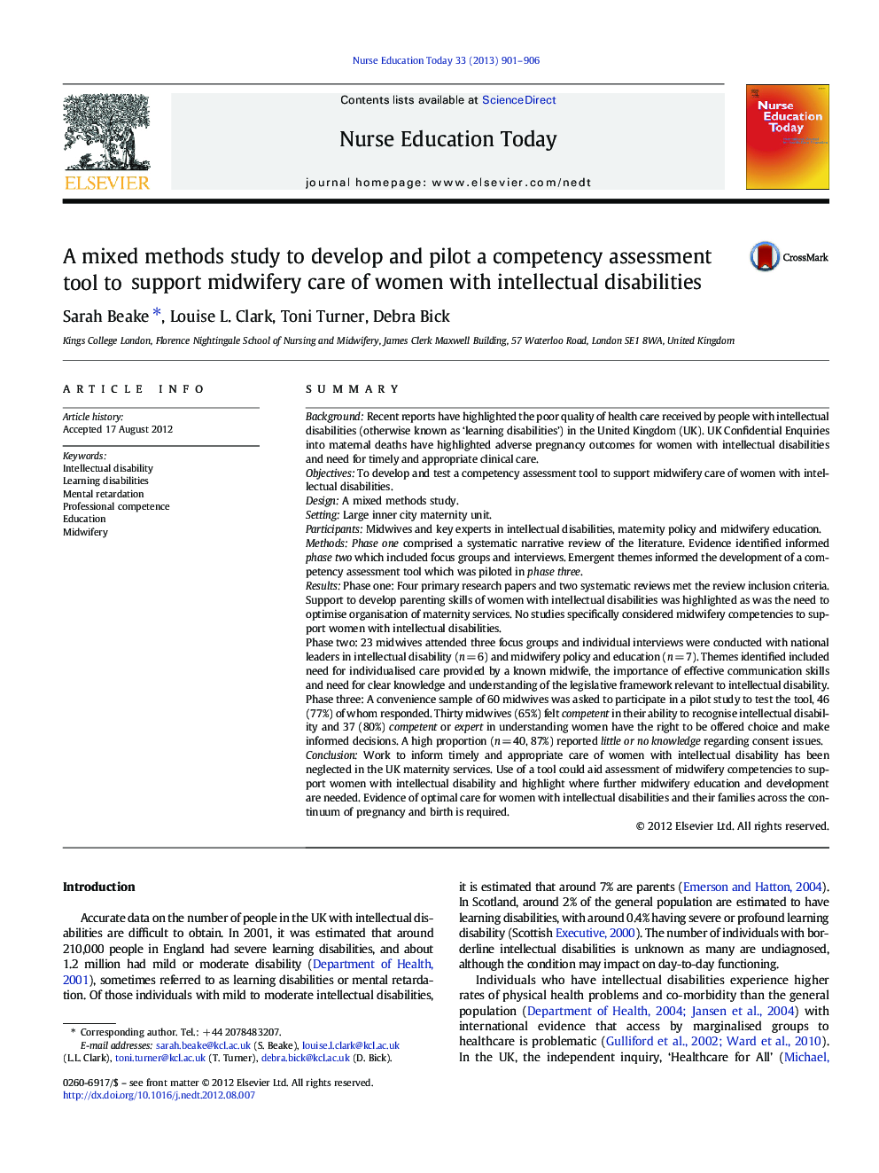 A mixed methods study to develop and pilot a competency assessment tool to support midwifery care of women with intellectual disabilities