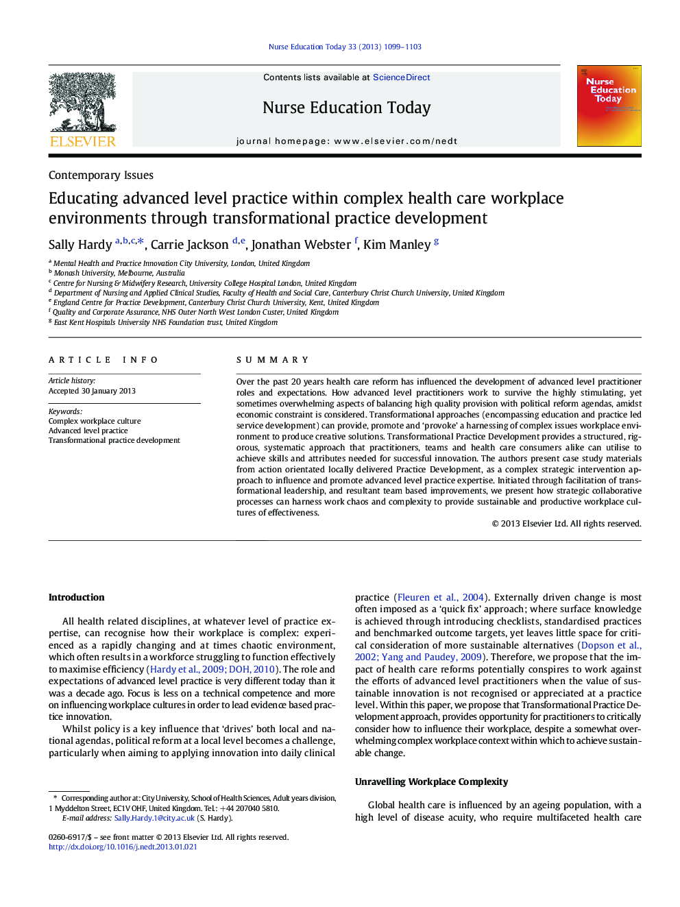 Educating advanced level practice within complex health care workplace environments through transformational practice development