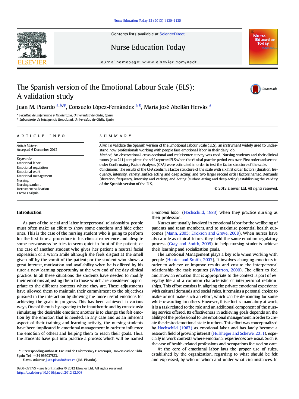 The Spanish version of the Emotional Labour Scale (ELS): A validation study