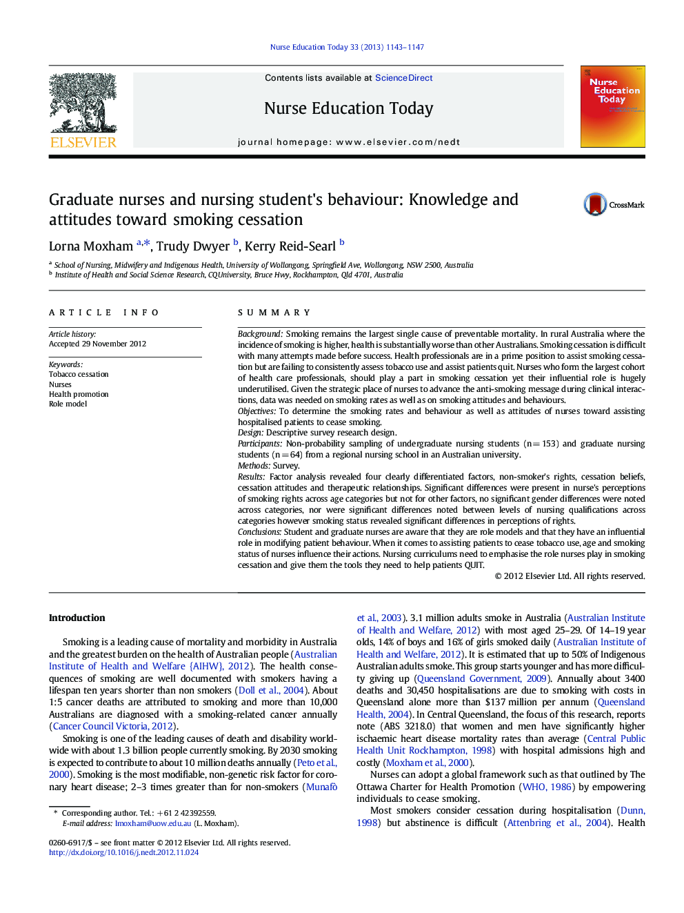 Graduate nurses and nursing student's behaviour: Knowledge and attitudes toward smoking cessation