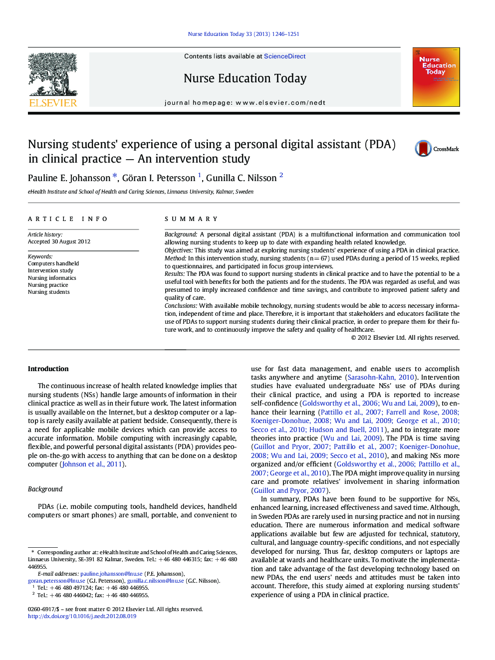 Nursing students' experience of using a personal digital assistant (PDA) in clinical practice — An intervention study