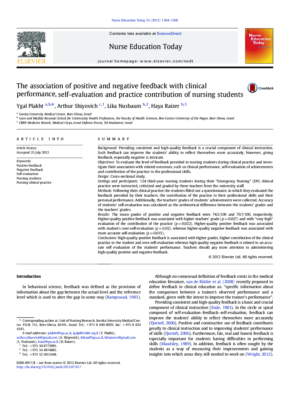 The association of positive and negative feedback with clinical performance, self-evaluation and practice contribution of nursing students