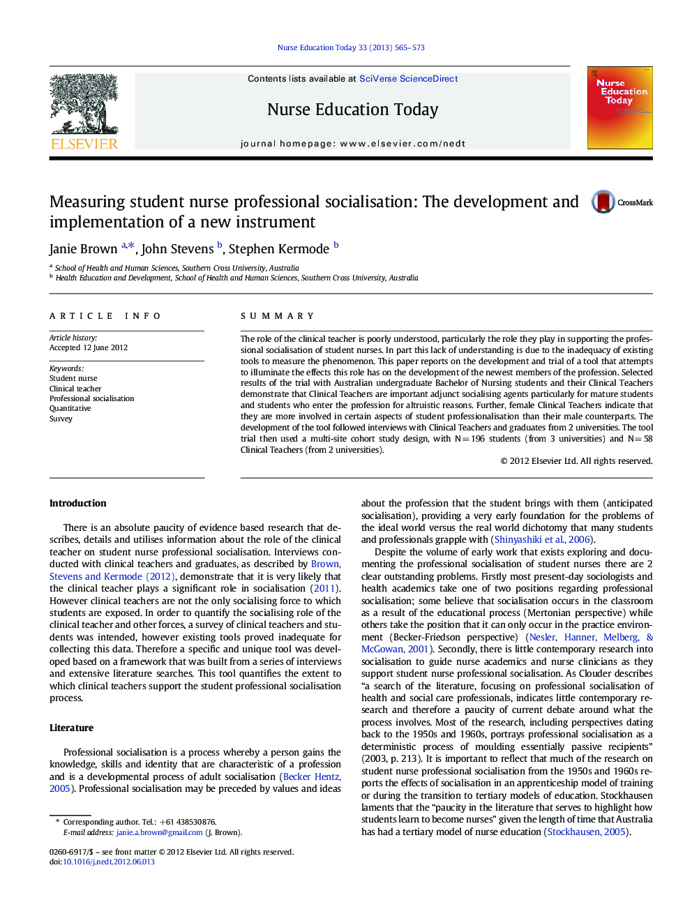 Measuring student nurse professional socialisation: The development and implementation of a new instrument