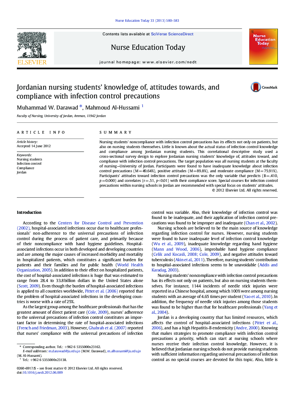 Jordanian nursing students' knowledge of, attitudes towards, and compliance with infection control precautions