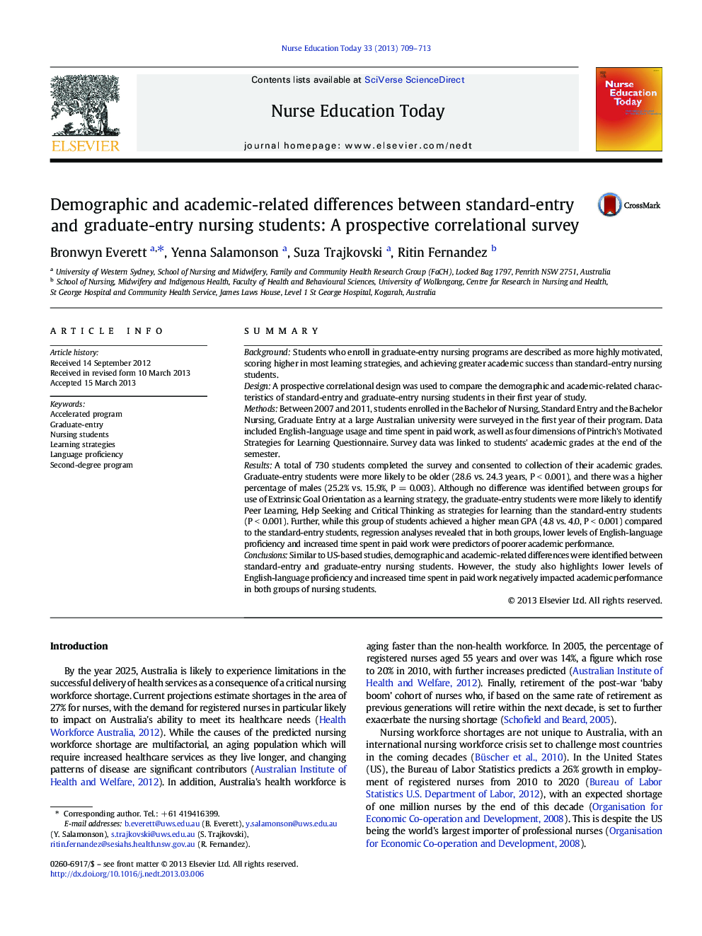 Demographic and academic-related differences between standard-entry and graduate-entry nursing students: A prospective correlational survey