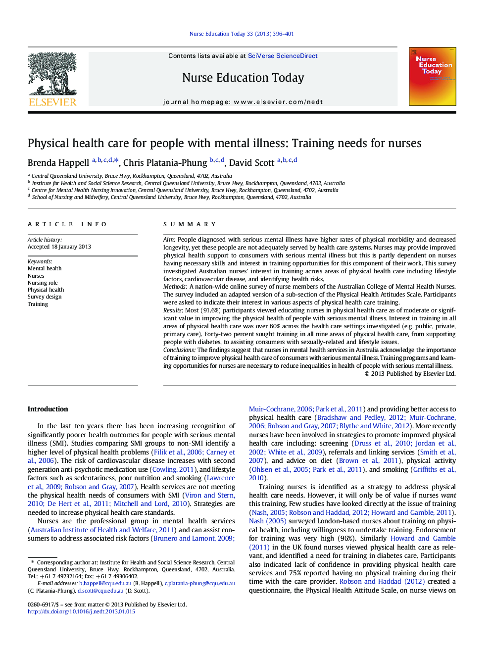 Physical health care for people with mental illness: Training needs for nurses