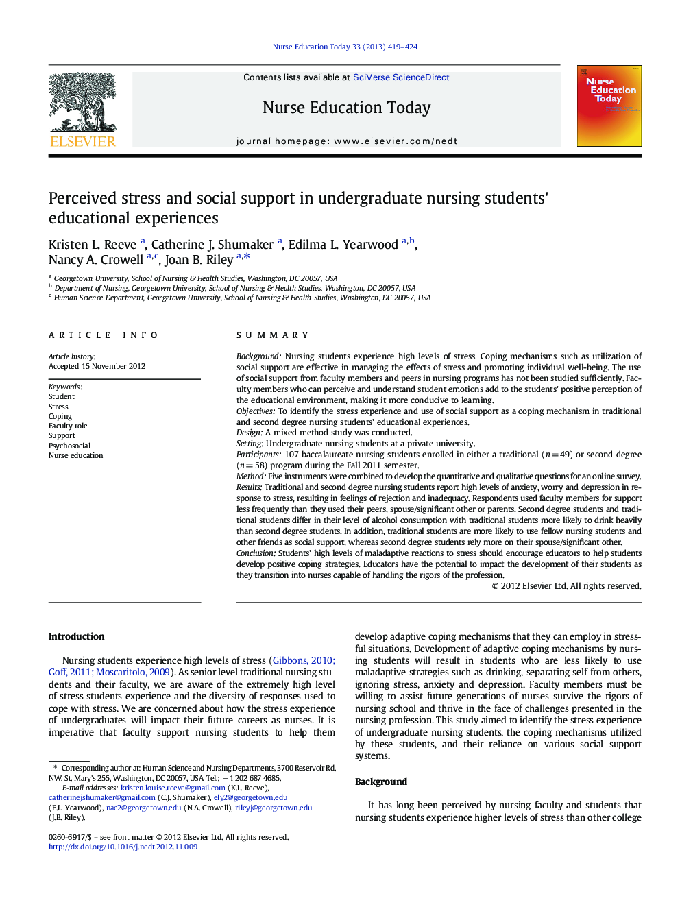 Perceived stress and social support in undergraduate nursing students' educational experiences